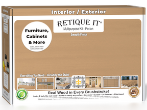 Retique It Multi-purpose Smooth Finish Kit (Med) in Pecan for exterior wood projects, featuring a matte top coat in a box.