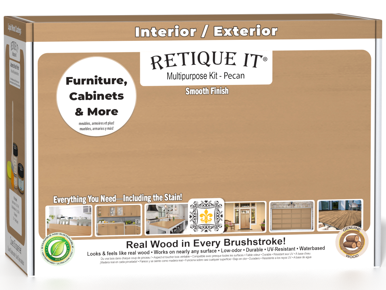 Retique It® Multi-purpose Smooth Finish Kit in Pecan for interior wood, includes top coat and application tools in a box.