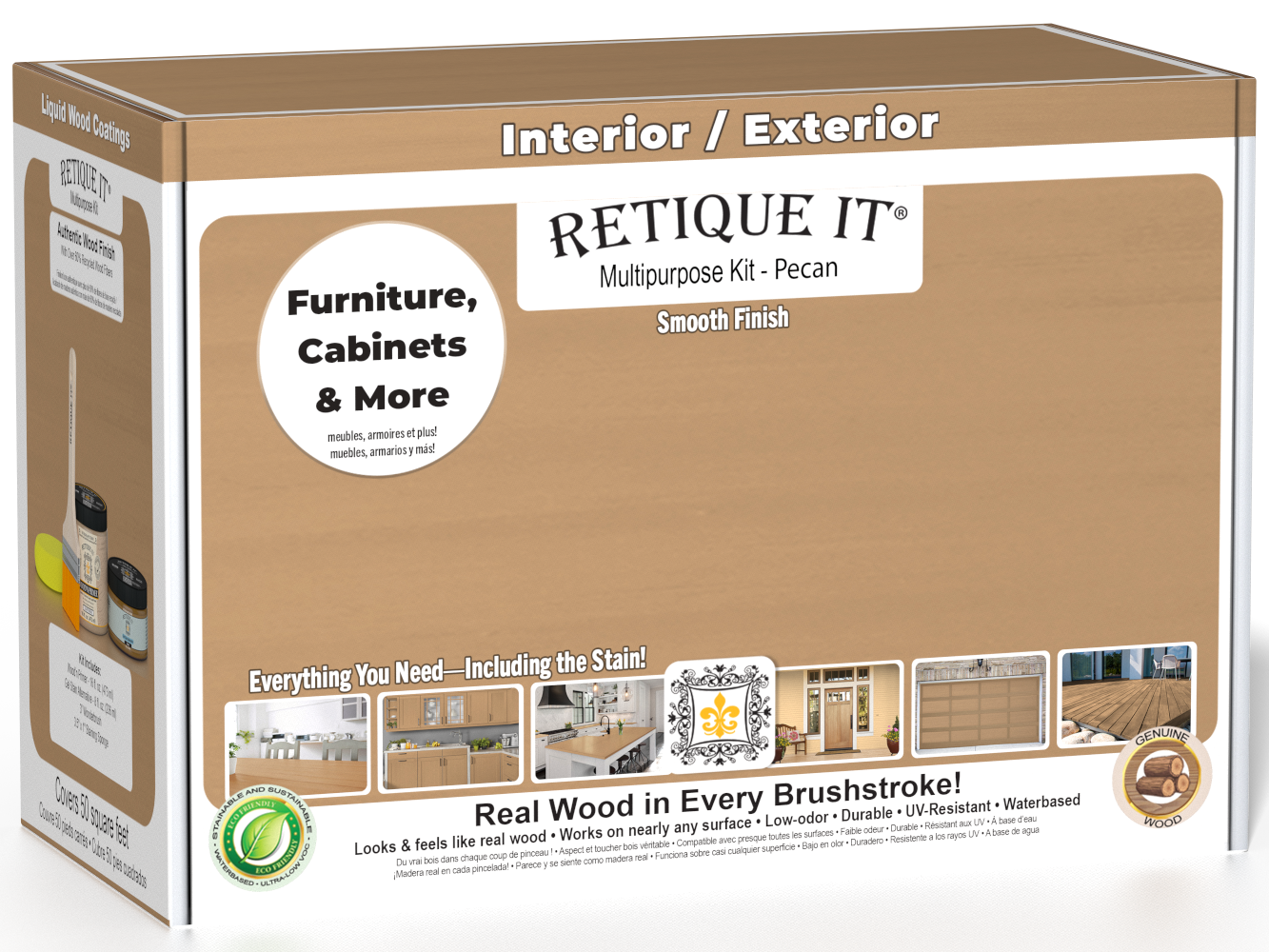 Retique It® Multi-purpose Smooth Finish Kit (Med) in Pecan for interior wood projects, includes top coat and application tools.