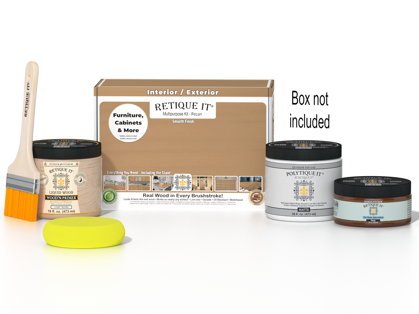 Retique It Multi-purpose Smooth Finish Kit in Pecan for exterior wood, includes top coat and application tools.