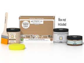 Retique It Multi-purpose Smooth Finish Kit in Pecan for exterior wood, includes top coat and application tools.
