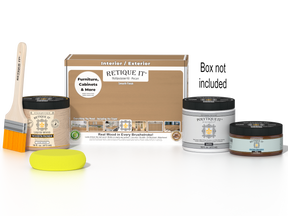 Retique It Multi-purpose Smooth Finish Kit in Pecan for exterior wood surfaces, includes top coat and application tools.
