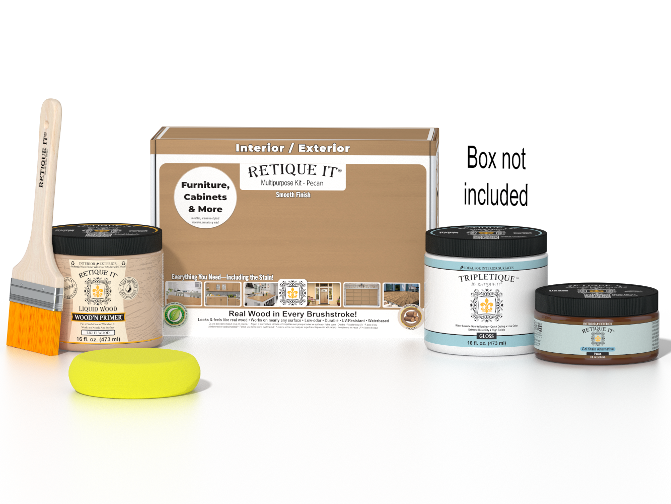 Retique It® Multi-purpose Smooth Finish Kit in Pecan for interior wood surfaces, featuring gloss top coat and included tools.