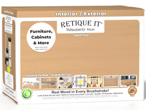Large Pecan wood finish kit by Retique It® with smooth finish, includes application tools and wood stain for furniture or crafts.