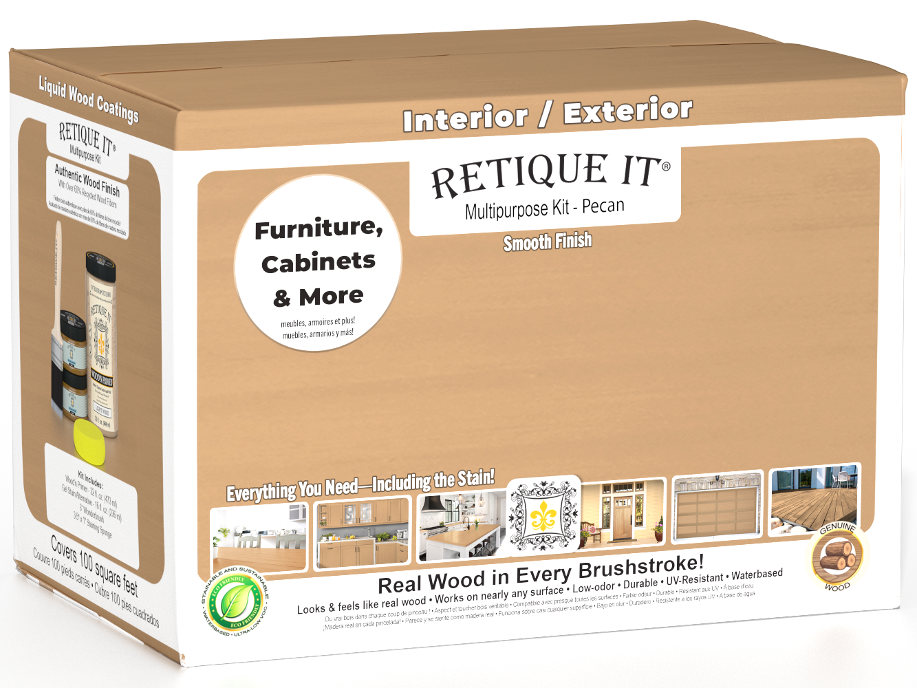 Large Pecan Multi-purpose Smooth Finish Kit by Retique It® for wood exterior top coat with a matte finish in a box.