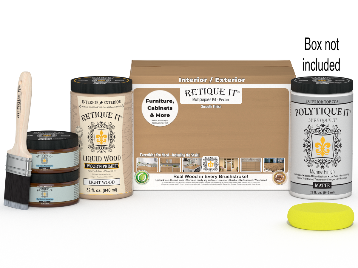 Large Pecan wood finish kit from Retique It® with exterior top coat and matte smooth finish, ideal for multi-purpose wood projects.