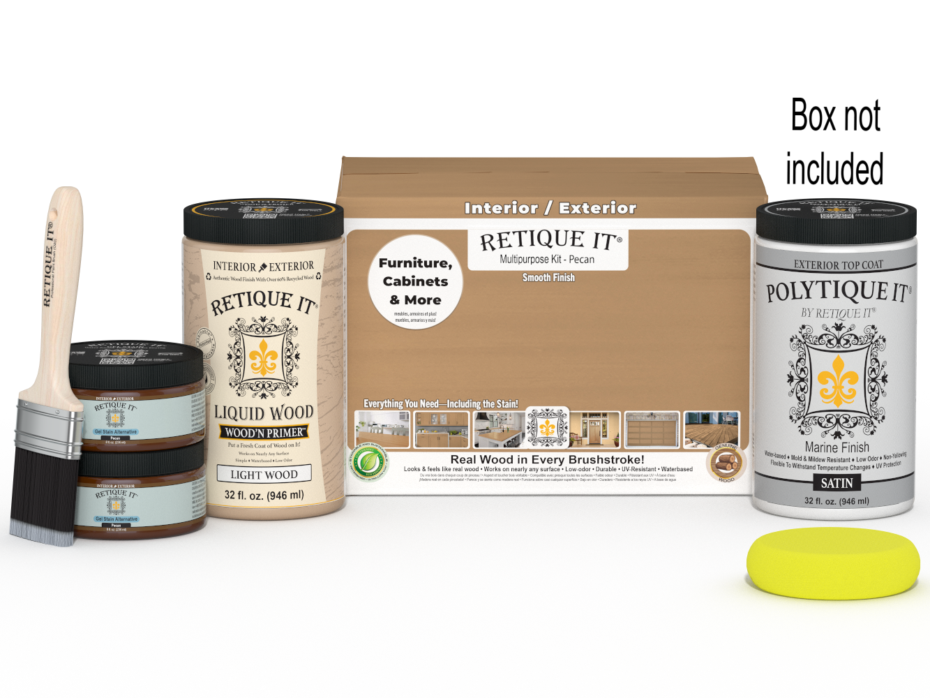 Large Pecan Multi-purpose Smooth Finish Kit by Retique It® for exterior wood top coat, includes wood finish products and tools.