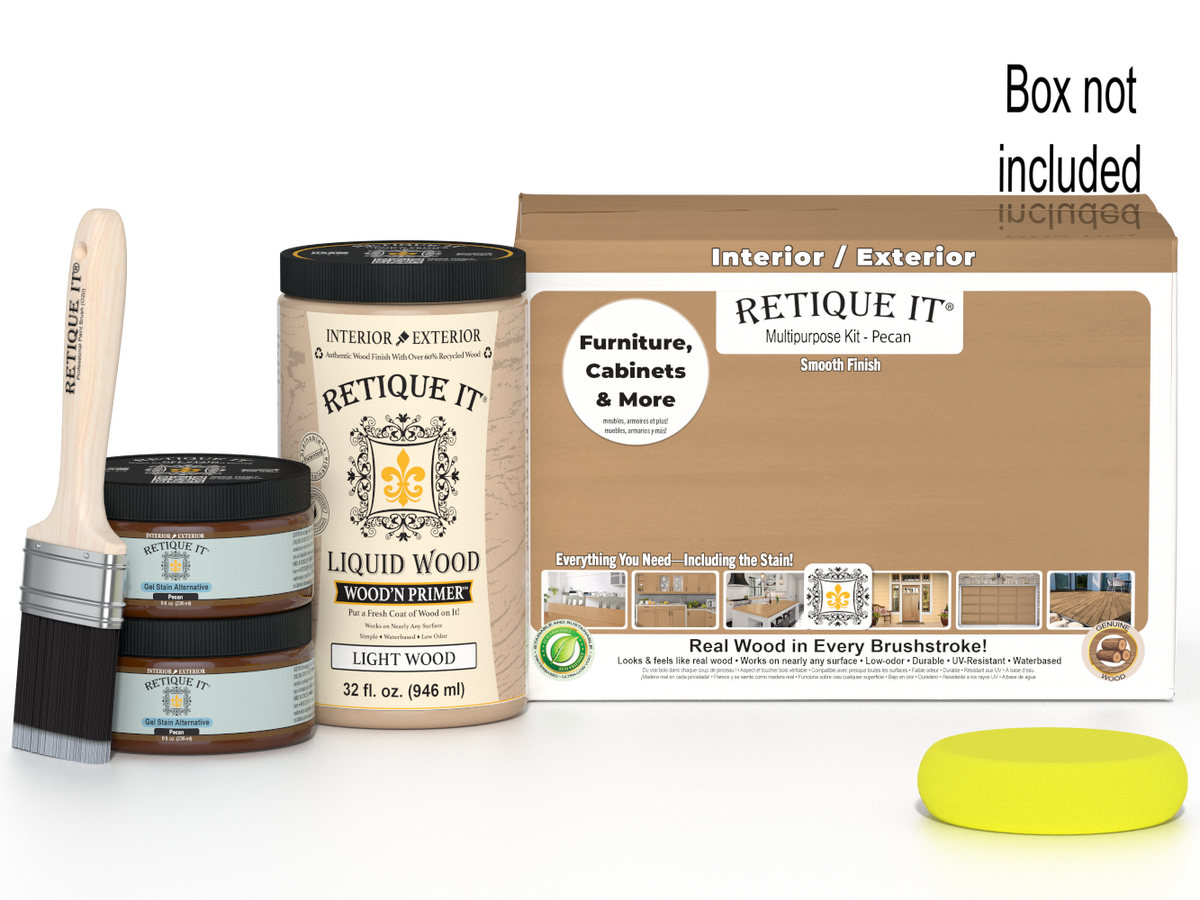 Large Pecan wood finish kit by Retique It® with smooth finish, includes tools and materials for versatile wood refinishing projects.