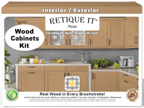Retique It® Wood'n Cabinet Kit with 24 smooth pecan stain doors, showcasing natural wood grain and cabinet front design.