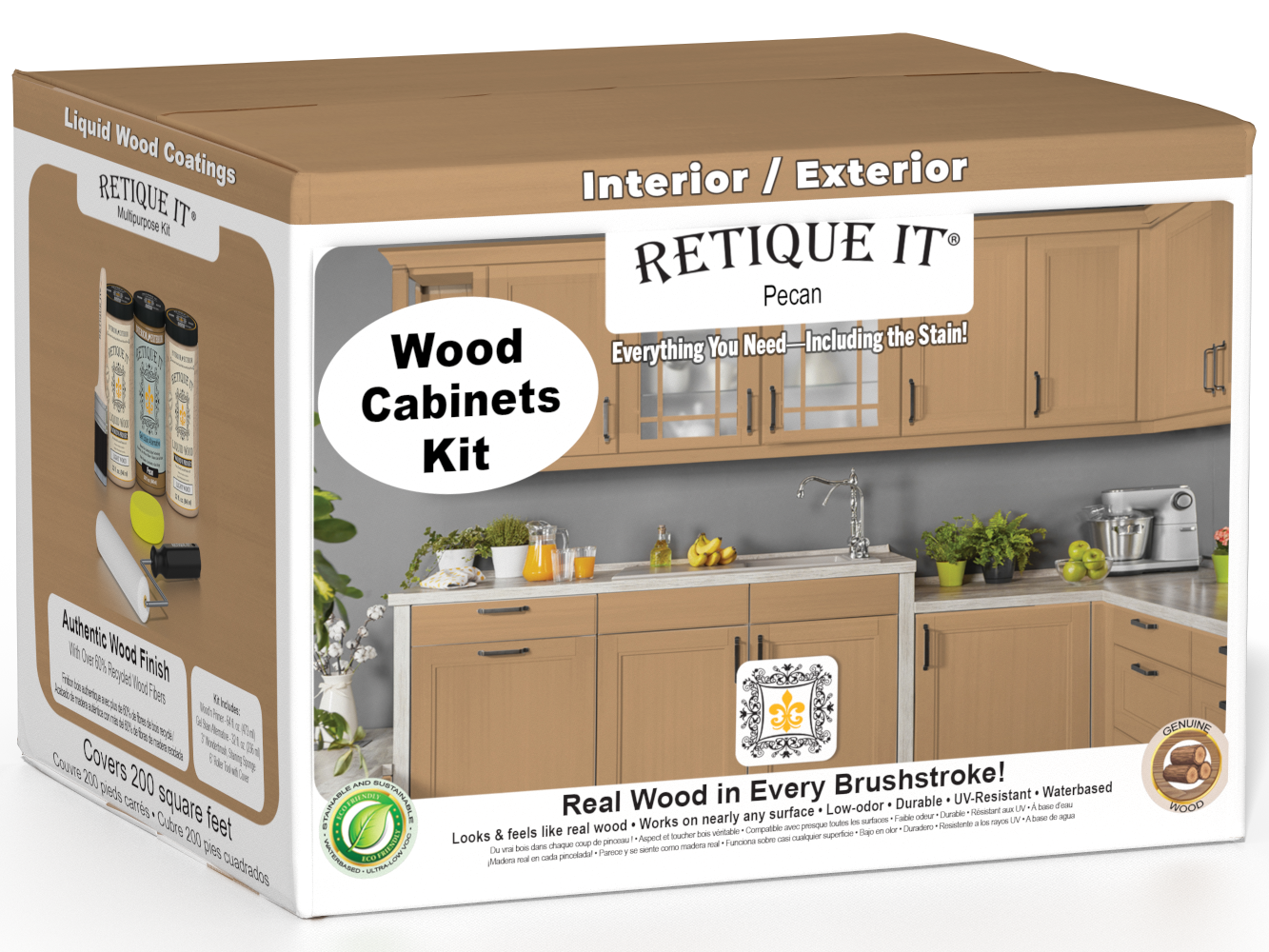 Retique It Wood'n Cabinet Kit with 24 smooth pecan stained cabinet doors, showcasing natural wood grain and finish.