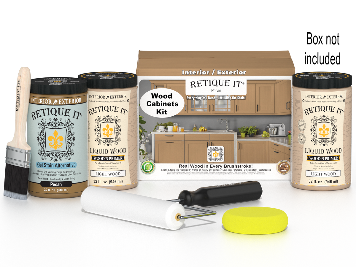 Retique It® Wood'n Cabinet Kit in Pecan stain with 24 smooth cabinet doors for a modern kitchen upgrade.