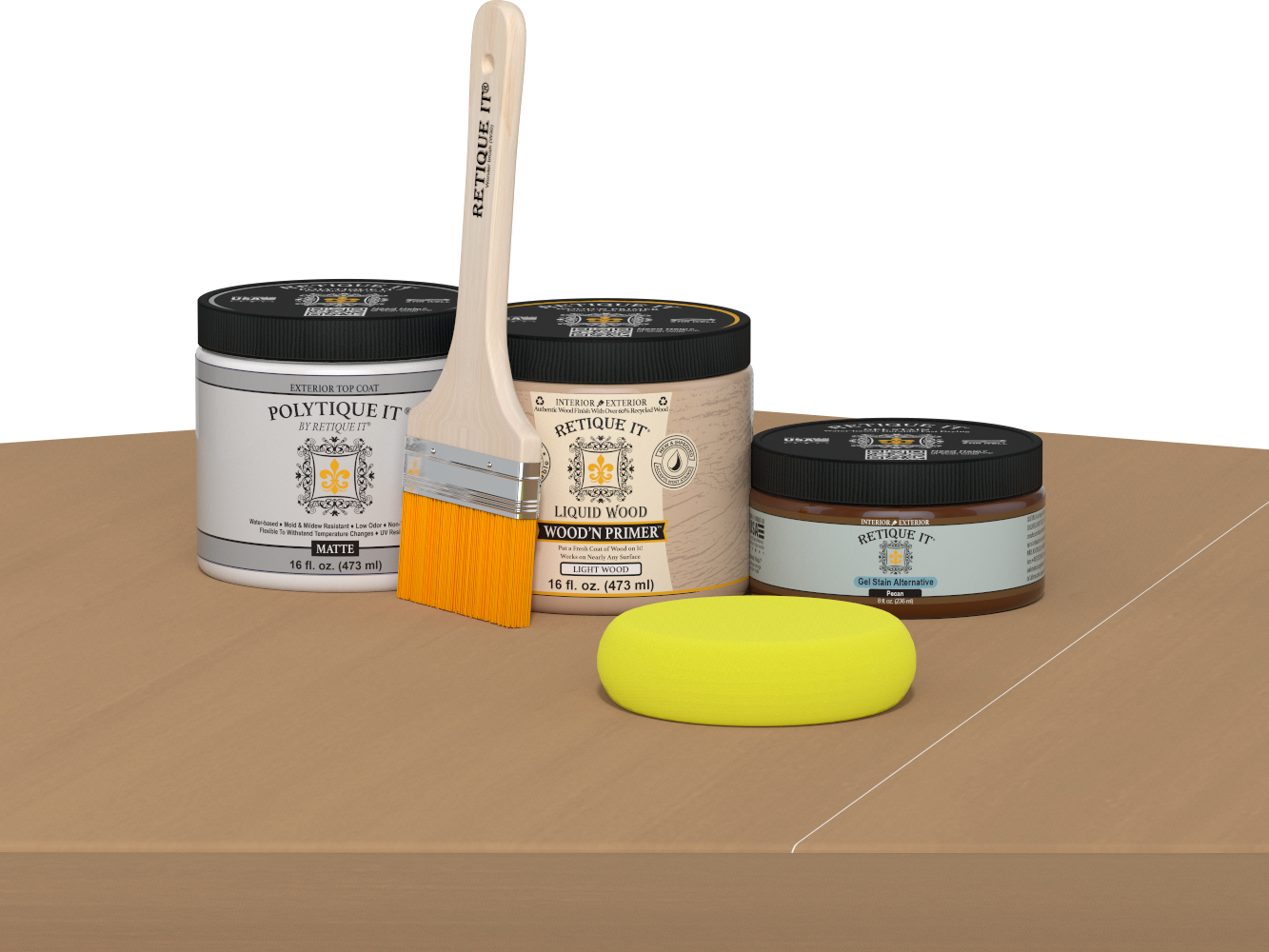 Retique It Multi-purpose Smooth Finish Kit in Pecan for exterior wood projects, featuring a matte top coat and wood finish components.