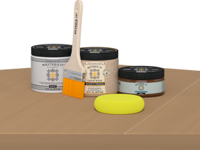 Retique It Multi-purpose Smooth Finish Kit in Pecan for exterior wood projects, featuring a matte top coat and wood finish components.
