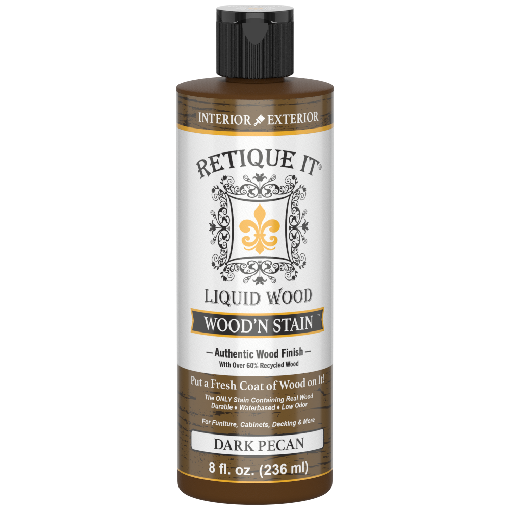 Dark Pecan Liquid Wood Wood'n Stain by Retique It in 8 oz bottle, showing a rich, deep brown stain for wood finishing.