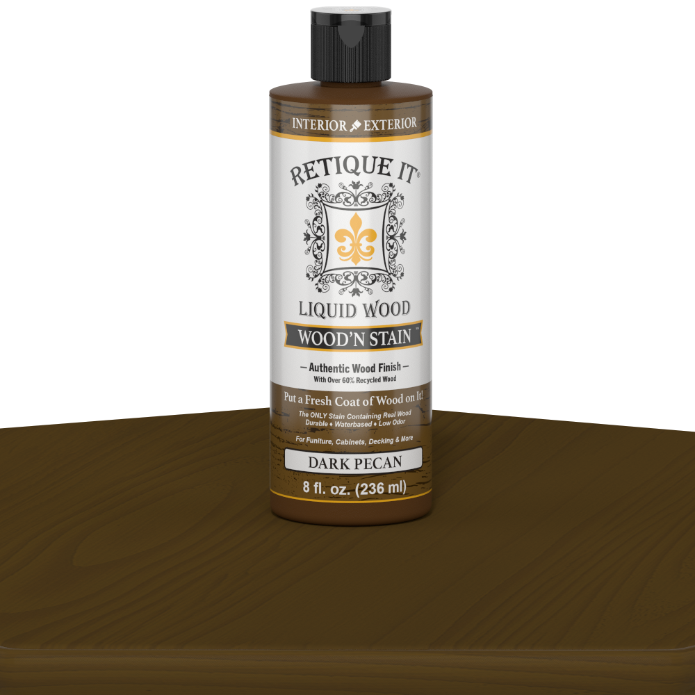 Dark Pecan Liquid Wood Wood'n Stain by Retique It in an 8 oz bottle, showing a rich, dark stain for wood surfaces.