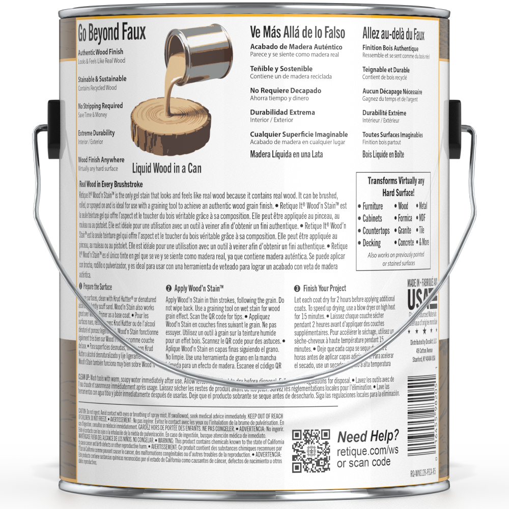 Retique It Liquid Wood Wood'n Stain in Dark Pecan, 128 oz, showing the stain bottle and wood finish application.