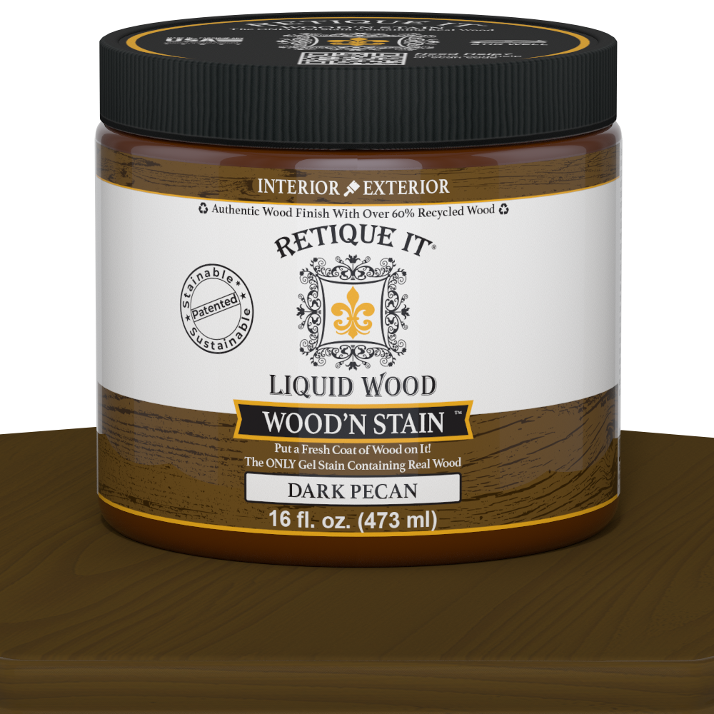 Liquid Wood Wood'n Stain by Retique It in Dark Pecan, 16 oz bottle with a wood stain and finish in a natural wood grain appearance.
