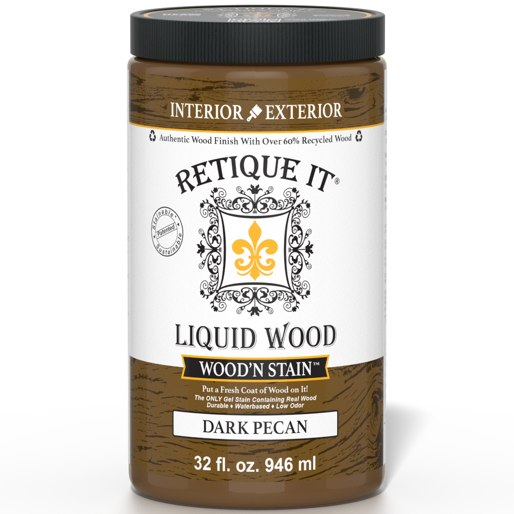 Liquid Wood Wood'n Stain by Retique It in Dark Pecan, 32 oz bottle, showcasing the rich, dark stain for wood finishing.