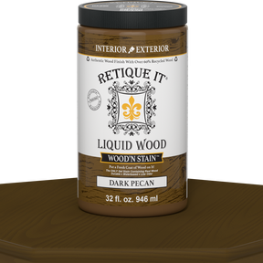 Liquid Wood Wood'n Stain in Dark Pecan by Retique It, 32 oz bottle, showcasing the rich dark wood stain color.