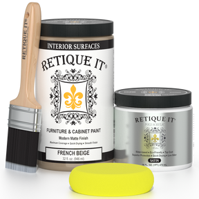 Retique It® Renaissance Furniture Paint in French Beige, showing a can of high-quality paint with a smooth, creamy beige finish.