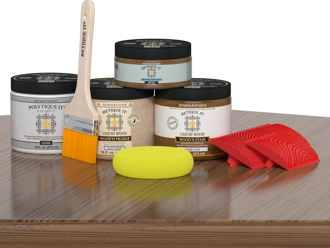 Retique It® Wood'n Finish Kit in Dark Oak for exterior wood, featuring a glossy top coat and application tools.