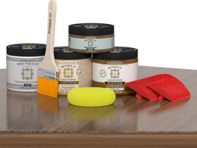 Retique It® Wood'n Finish Kit in Dark Oak for exterior wood, featuring a glossy top coat and application tools.