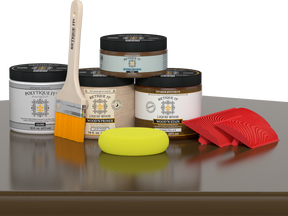 Dark Pecan Wood'n Finish Kit by Retique It® for exterior wood surfaces, shown on a table with a glossy protective top coat.