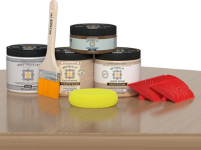 Gloss finish on pickled oak wood in the Retique It® Wood'n Kit Med for exterior top coating, shown on a table surface.