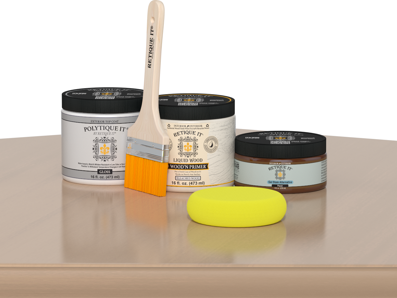 Retique It® White Oak Multipurpose Kit contents with Liquid Wood primer, Pecan gel stain alternative, gloss exterior top coat, paintbrush, and yellow sponge displayed on a light wood surface.