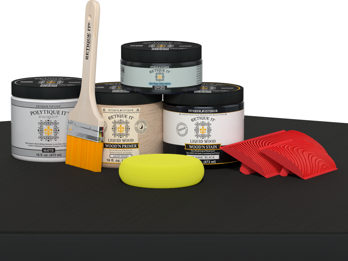 Retique It® Wood'n Kit in Classic Black with matte finish, showing the exterior top coat applied to a wooden surface.