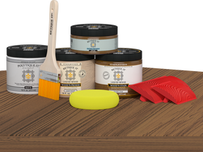 Retique It® Wood'n Kit in Dark Oak for exterior top coat, showing a close-up of the matte finish on wood surface.