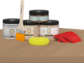 Retique It® Wood'n Finish Kit in Pickled Oak for exterior wood projects, matte top coat on a table surface.