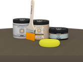 Retique It refinishing kit with Light Wood primer, Black Walnut gel stain alternative, matte Polytique It topcoat, a brush and yellow sponge.