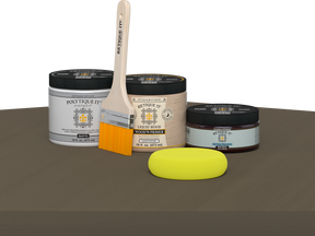 Retique It refinishing kit with Light Wood primer, Black Walnut gel stain alternative, matte Polytique It topcoat, a brush and yellow sponge.