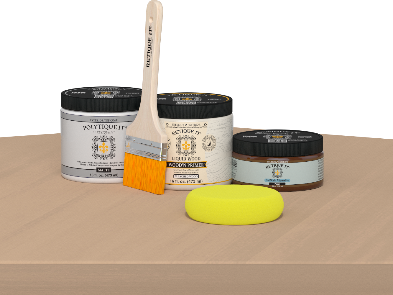 Retique It® Pecan Multipurpose Kit contents with Bleached Wood Liquid Wood primer, Pecan gel stain alternative, PolyTique It® matte exterior top coat, paintbrush, and yellow sponge displayed on a light wood surface.