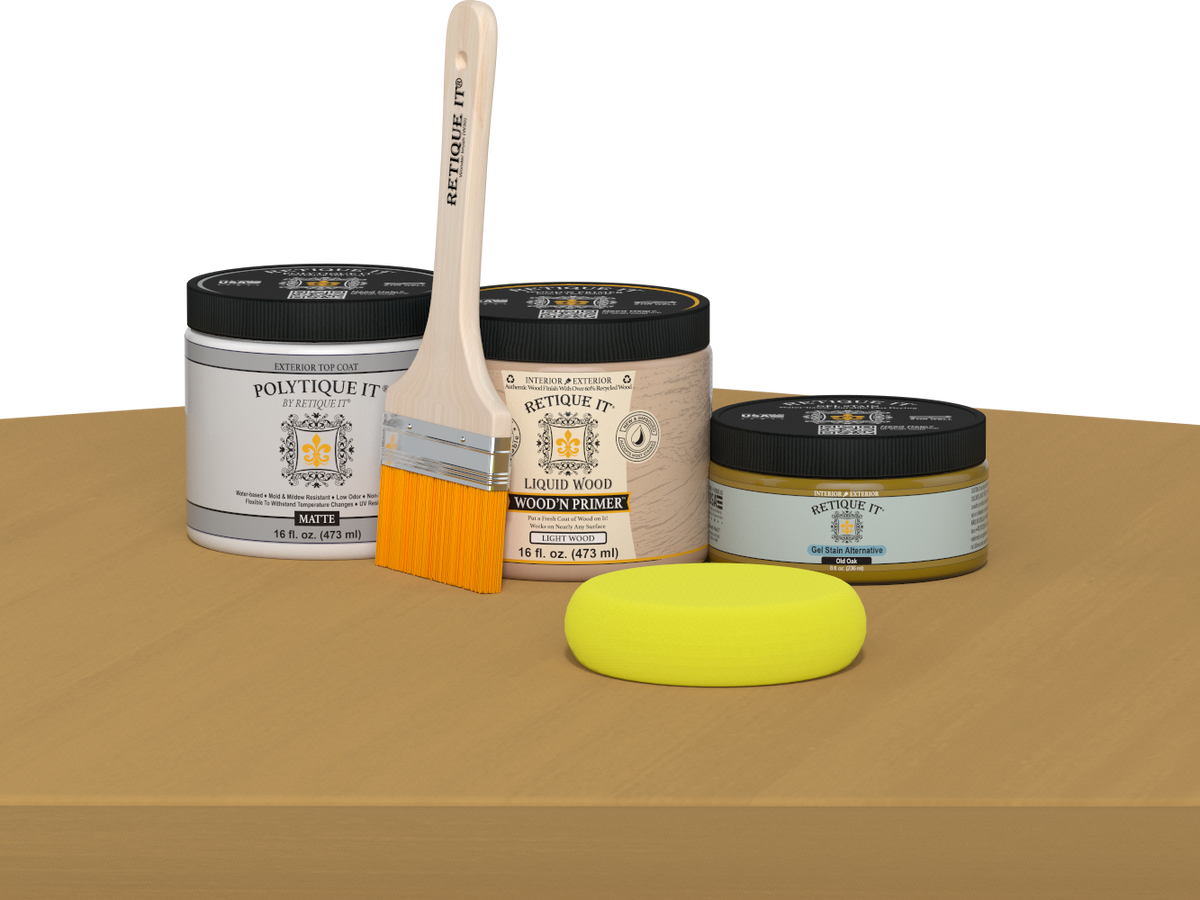 Retique It refinishing kit with Light Wood primer, Old Oak gel stain alternative, matte Polytique It topcoat, a brush and yellow sponge.