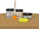 Retique It refinishing kit with Light Wood primer, Old Oak gel stain alternative, matte Polytique It topcoat, a brush and yellow sponge.