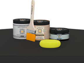 Retique It refinishing kit with Light Wood primer, Classic Black gel stain alternative, matte Polytique It topcoat, a brush and yellow applicator sponge.