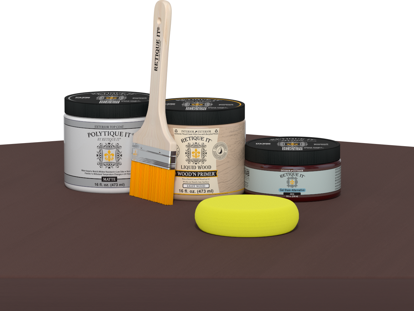 Retique It refinishing kit with Light Wood primer, Java gel stain alternative, matte Polytique It topcoat, a brush and yellow sponge.