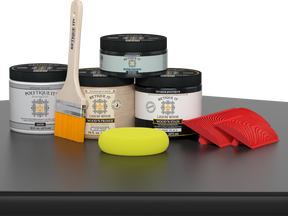 Retique It® Multi-purpose Smooth Finish Kit in Classic Black for wood, showing a satin black exterior top coat on a table.