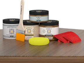 Retique It® Wood'n Finish Kit in Dark Oak for exterior wood surfaces, showing the satin finish on a table top.