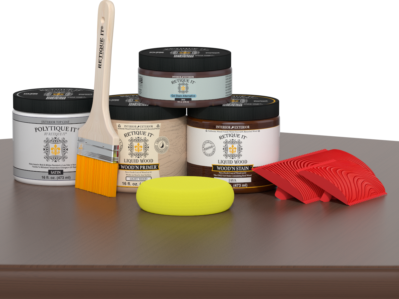 Retique It® Wood'n Finish Kit in Java with satin exterior top coat applied to a wooden table surface.