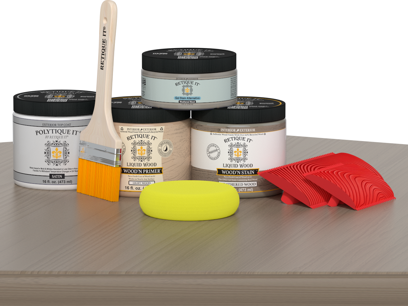 Retique It® Wood'n Finish Kit in Weathered Wood for exterior top coating, shown on a table with satin finish.