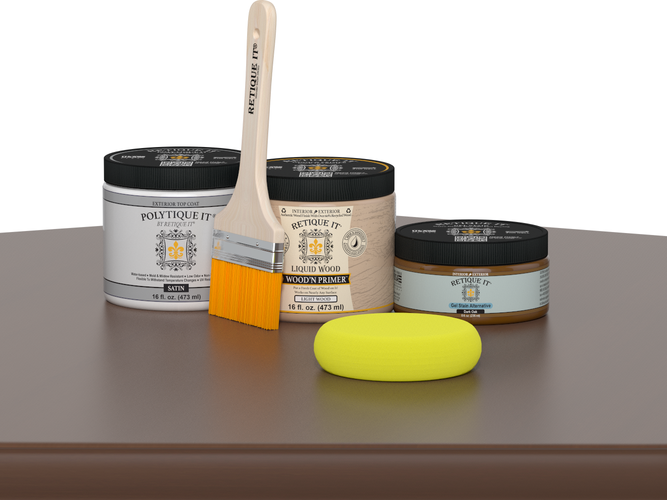 Retique It® Dark Oak Multipurpose Kit contents with Liquid Wood primer, Dark Oak gel stain alternative, PolyTique It® satin exterior top coat, paintbrush, and yellow sponge displayed on a dark wood surface.