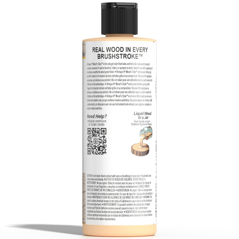 Liquid Wood Wood'n Stain in Pickled Oak by Retique It, 8 oz bottle, showcasing the stain's rich pickled oak color and applicator.