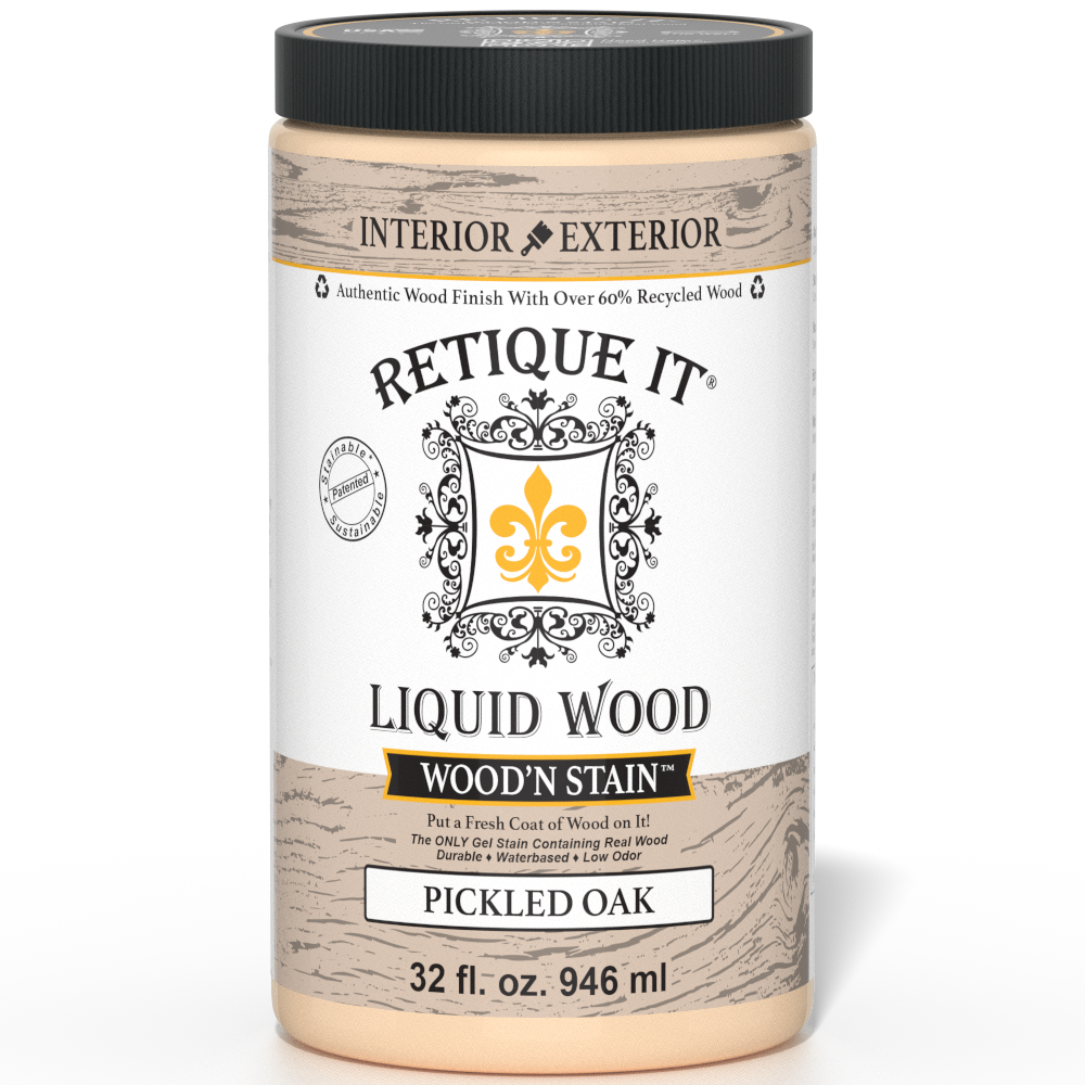Liquid Wood Wood'n Stain in Pickled Oak by Retique It displayed in a 32 oz bottle for wood staining projects.