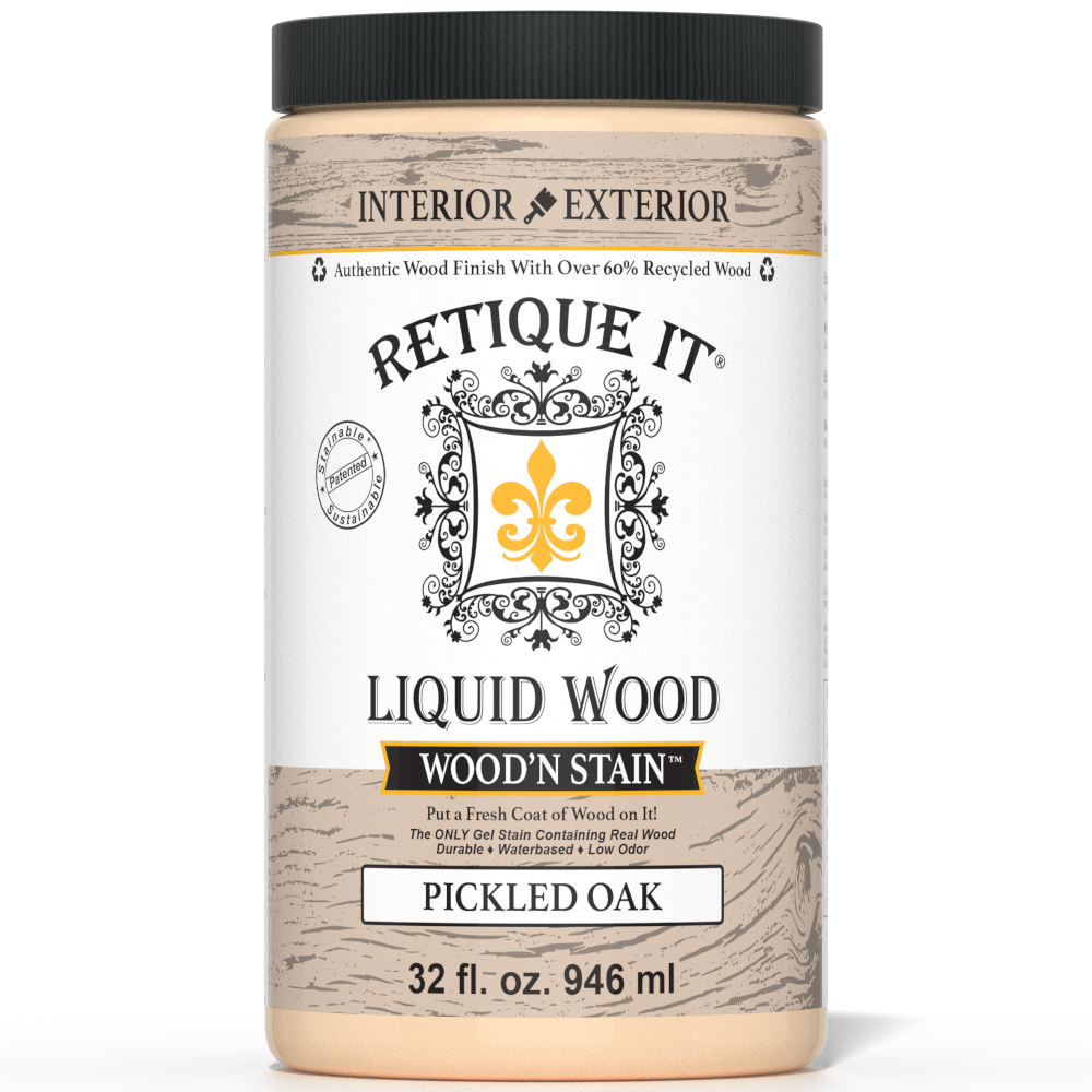 Liquid Wood Wood'n Stain in Pickled Oak by Retique It, 32 oz bottle, showing the product label and stain application.