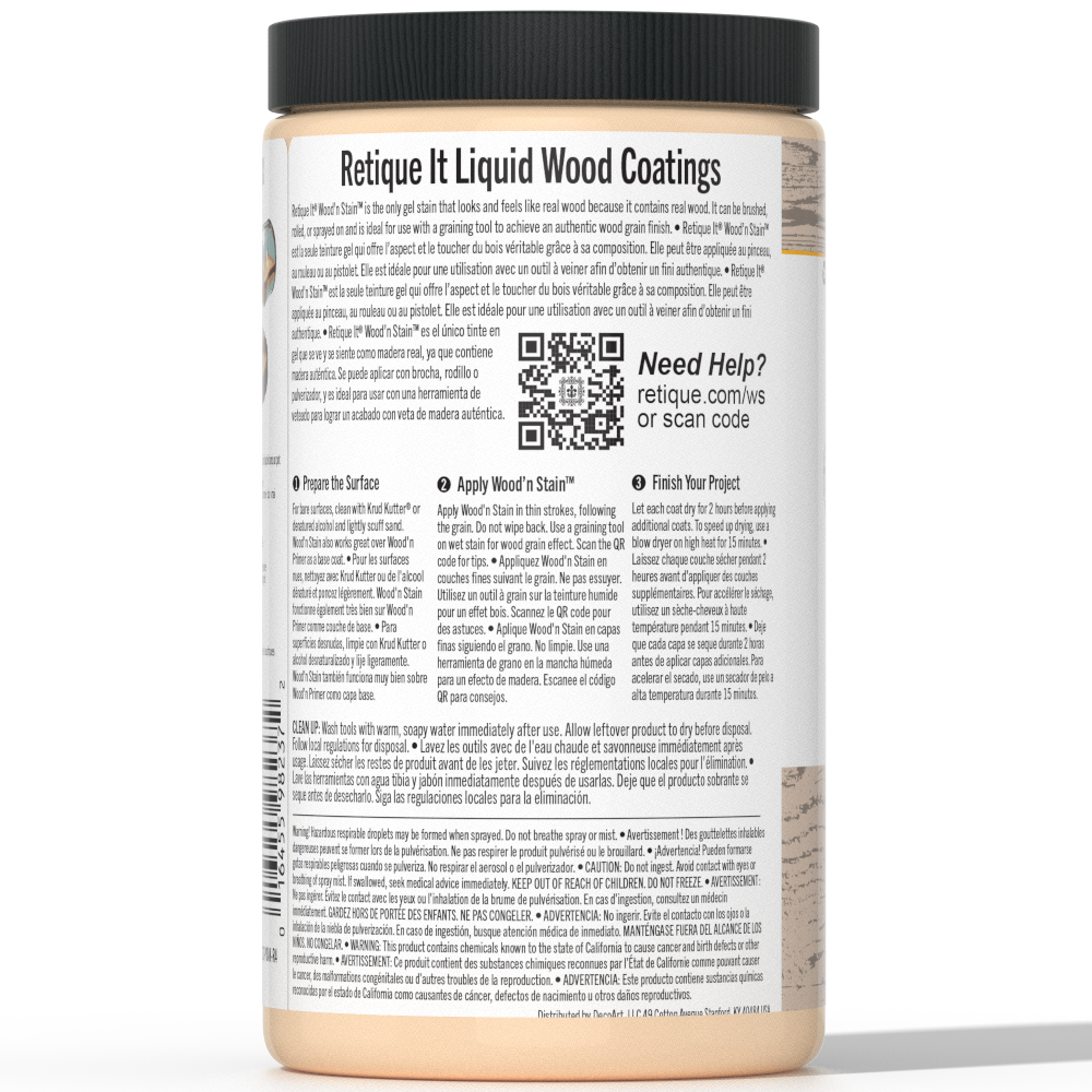 Liquid Wood Wood'n Stain in Pickled Oak by Retique It, 32 oz bottle showing the stain's color and packaging.