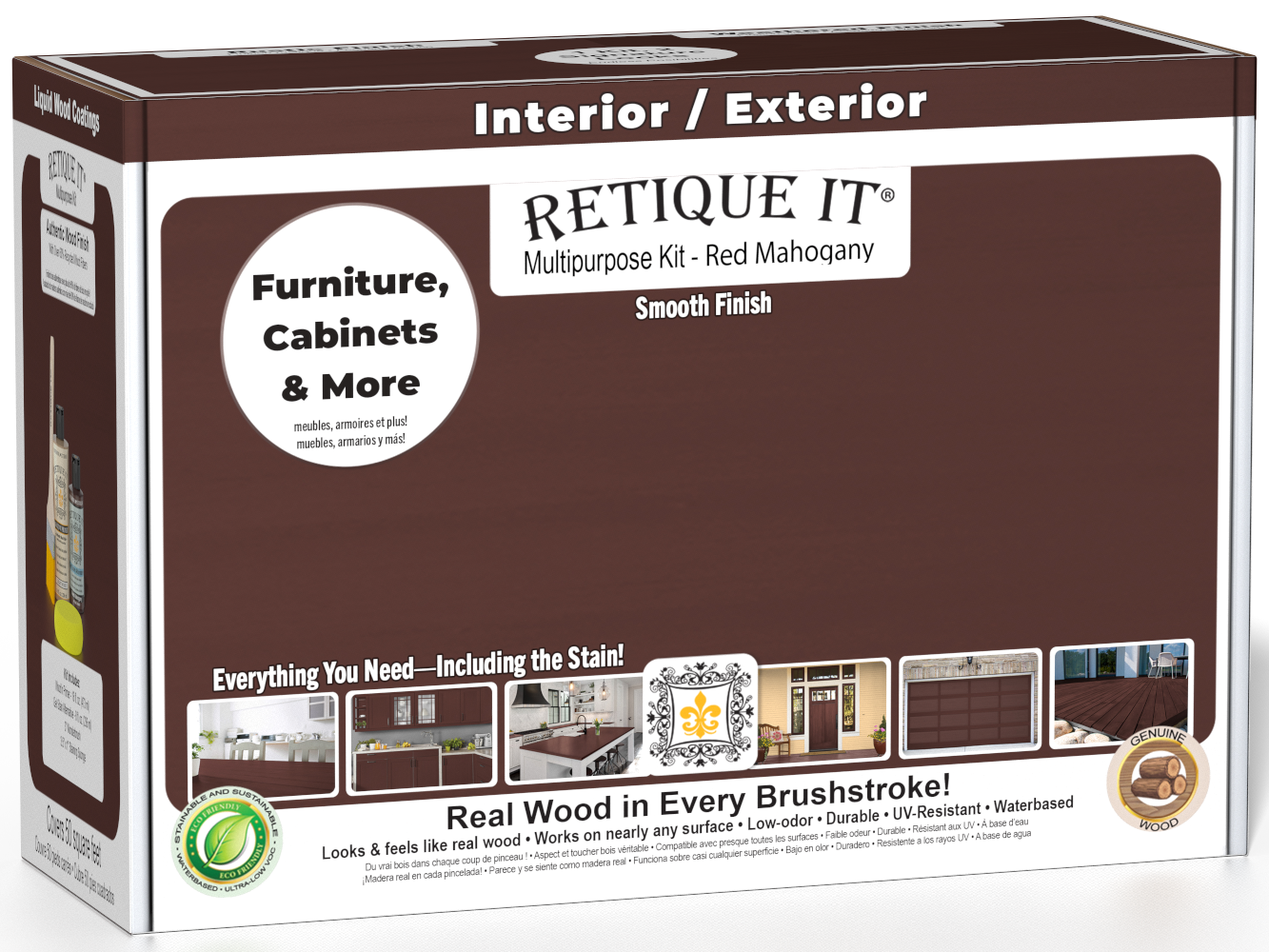 Retique It® Multi-purpose Smooth Finish Kit in Red Mahogany for exterior wood, featuring top coat application and finishing tools.