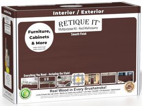 Retique It® Multi-purpose Smooth Finish Kit in Red Mahogany for exterior wood, featuring top coat application and finishing tools.